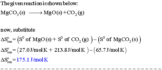Thegivenreaction is shown below: MgCo3 (s)>MgO(s) +CO2(g, now, substitute As(so of Mgo()+ So of Co2 (3) )-(s° of MgCO, (s)) A