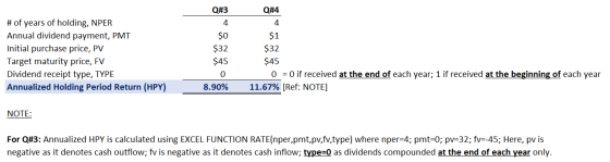 Q#3 Q#4 4 $1 $0 $32 # of years of holding, NPER Annual dividend payment, PMT Initial purchase price, PV Target maturity price