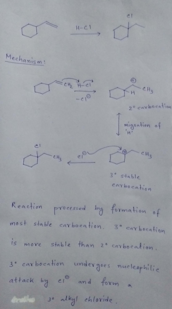 HCl Mechanism: H- с CH₃ H 3 20 carbocation migration of CH3 3° stable carbocation Reaction processed by formation of most sta