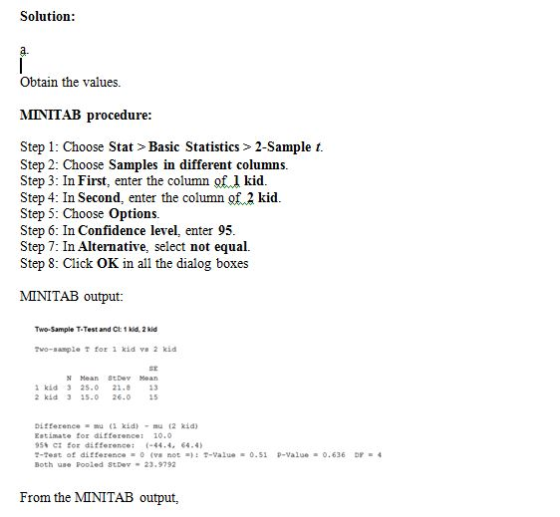 Solution: a. Obtain the values. MINITAB procedure: Step 1: Choose Stat > Basic Statistics > 2-Sampleit Step 2: Choose Samples