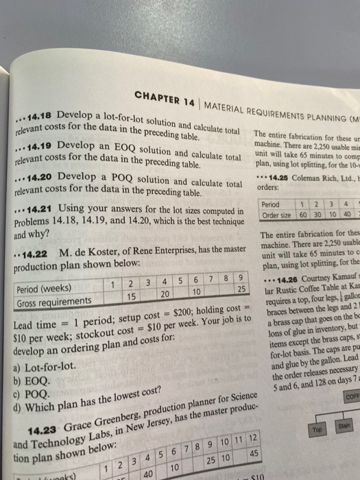 CHAPTER 14 MATERIAL REQUIREMENTS PLANNING (M e Develop a lot-for-lot solution and calculate total costs for the data in the p