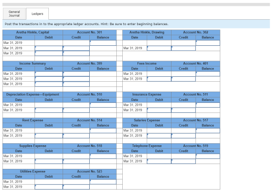 General Journal Ledgers Post the transactions in to the appropriate ledger accounts. Hint: Be sure to enter beginning balance