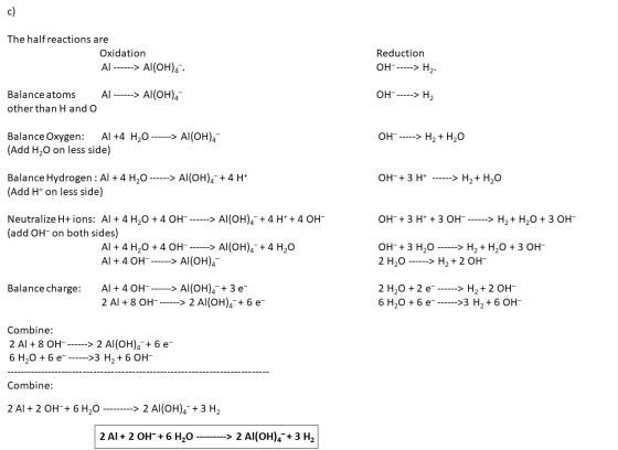 The half reactions are Oxidation Al ------> Al(OH)42 Reduction OH- -----> H2. AL------> Al(OH), OH- -----> H2 Balance atoms o
