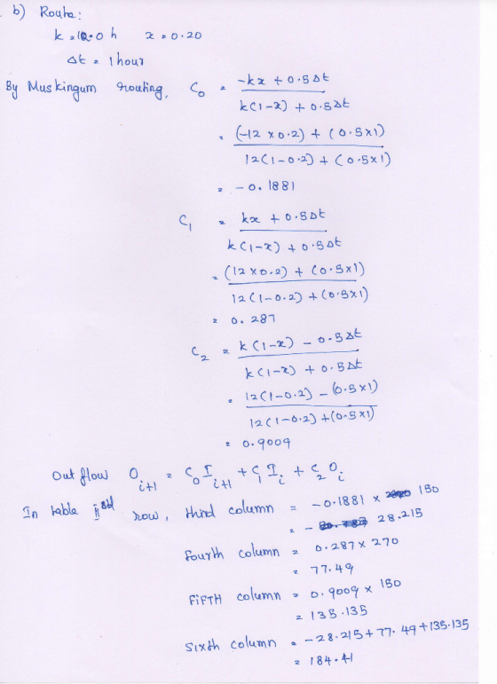 b) Rouha kao h 2 0.20 ৫ = hour By Muskingum -kz to.5at kc1-2) 0.8at -12 x0.2) 0.Sx1) 12C1-02)+ Co.Sx1) * -o. 18 8) ko o.SDt k
