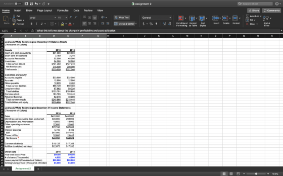 Assignment 2 Home Insert Draw Page Layout Formulas Data Review View Share t Wrap TextGeneral E Marge & Conter. Paste Format B 1 υν 田v 오 v 스 롤ニーーー $ v % , il 웨 conditional Forable Styles i nscrt Delete Format Sort & XClearv A175 x f What this tells me about the change in profitability and asset utilization Joshua& White Technologies: December 31 Balance Sheets Joshua&White Technologies Decomber 31 Income Statementas COGS except excluding depr. and amort. meres Expense 20,000 4,000 Sinking fund payment(Thous ands of Dolars$,000$5,000 e payment(Thous ands of Dolars 困回凹 2