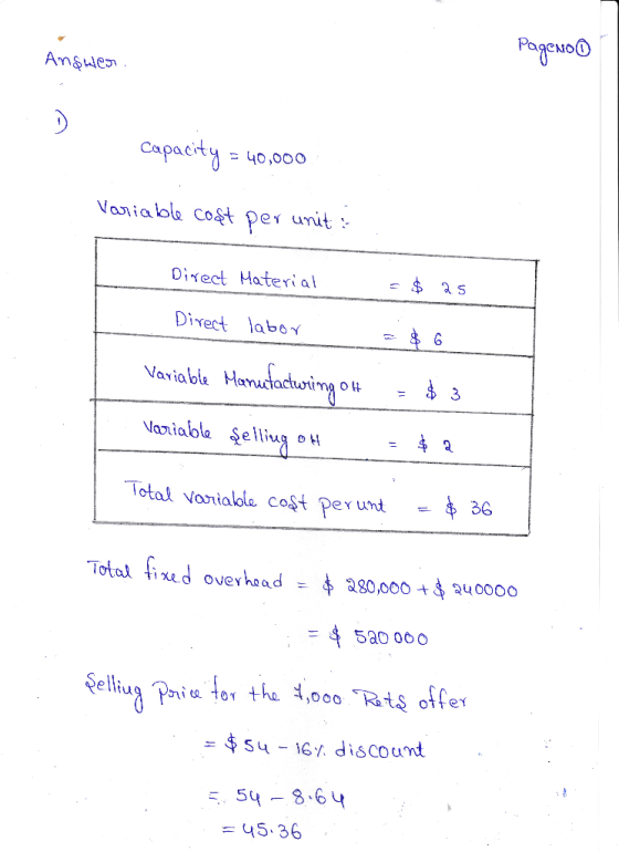 Pageno Answer. Capacity = 40,000 Variable cost per unit : Direct Material - Direct labor Variable Manufacturing out - $ 25 =