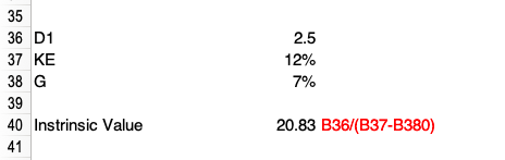 35 36 D1 37 KE 38 G 39 40 Instrinsic Value 41 2.5 12% 7% 20.83 B36/(B37-B380)