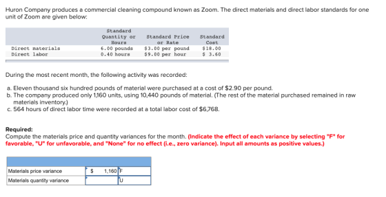 Huron Company produces a commercial cleaning compound known as Zoom. The direct materials and direct labor standards for one