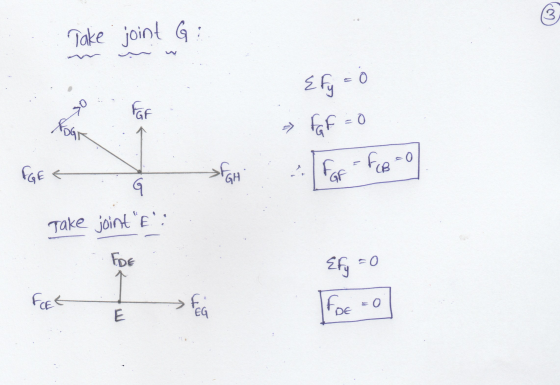 3 Take joint i OK FGF Efy=0 » Faf Хот FGF = 0 FGE E For - FCB = 0 GH Take joint E: EDE Efy = 0 FEE Fe = 0 E EG
