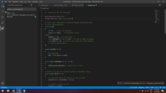 File Go Run • grapgh.cpp - startbootstrap-creative-gh-pages - Visual Studio Code Edit Selection View EXTENSIONS: MARKETPLACE
