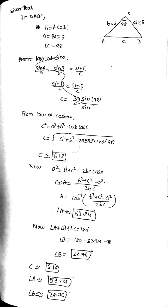 Given that, 6:3/as a=s In DABO, B 6=A C=3, a=B125 LC = 98 suf с D SinB from law of sina, Start - since since 323in (90) Sinß-