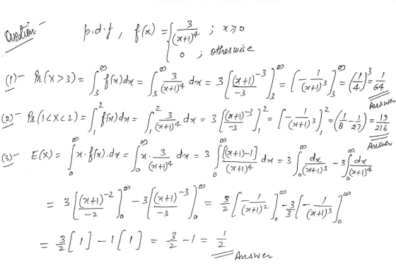 Question ; otherwise 64 2 Auswer 2 2 (2) PR (1<x<2) f(x) da da - 19 216 8 27 pidet, f(x) =/(x+34 ; x 30 09– 8 (423) Li Brod l