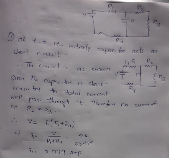 Ri R M Ra 0 at t=0 tiles AM Ru tile, initially capacitor acts chort Circuit . The circuit is PR shown Tu R3 Since the capacit