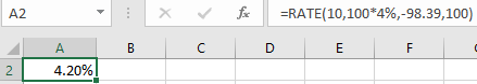 X fc =RATE(10,100*4%,-98.39,100) А C D 2. 4.20%)