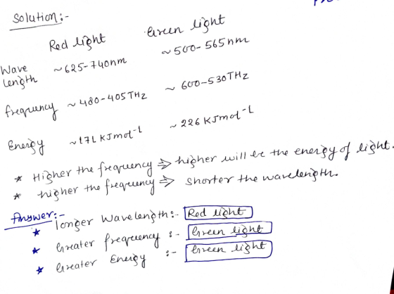 Solution :- Red light ~625-740nm Green light 500-565 nm ~ 600-530THz ~480-405TH2 frequency ~226 kJ molt w27l kJ molt energy *
