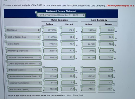 Prepare a vertical analysis of the 2020 income statement data for Duke Company and Lord Company. (Round percentages to 1 Cond