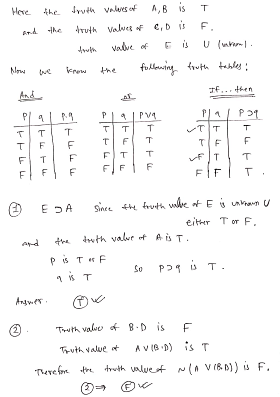 Т. Here the fruth values of A, B is and the truth values of all is F. value of E is U (unknow). truth Now we know following t