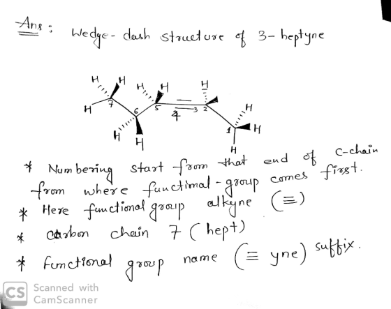 Ang : Wedge - dash Stoueture of 3- beptyne H H H Haq lah 31 3 2 H * Numbering Start Humbering start from that end of c-chai