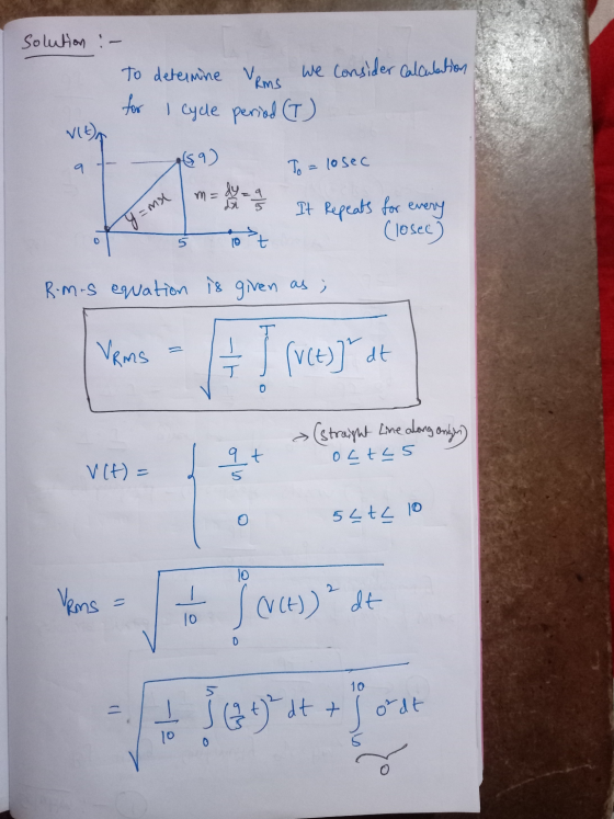 solution :- To determine Ve Rms we consider calculation for I cycle period (T) VIE) (59) 9 To = losec m = y=mx It Repeats for