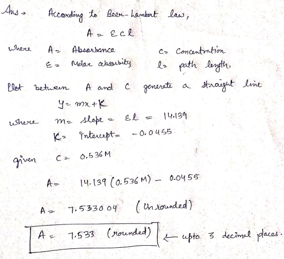 Ans . According to Beer-Lambert law, Az ecl where A = Absorbance ca Concentration & Molare absorbity le path length Plot betw