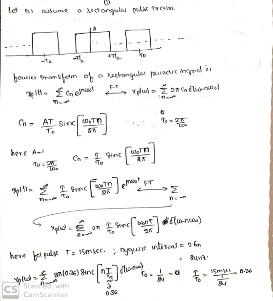 I let ces assume a lectangulal pulss train. . +The -To fourier mansform of a rectangedal periodic signaler pla E coneincest f