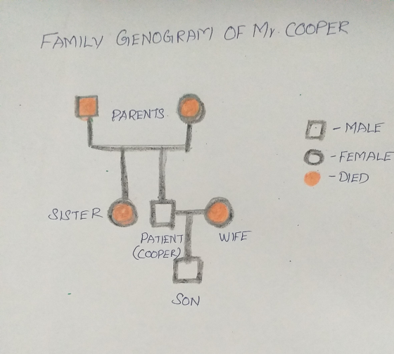FAMILY GENOGRAM OF Mr. COOPER PARENTS - MALE 6 -FEMALE - DIED SISTER WIFE PATIENTS (COOPER) SON