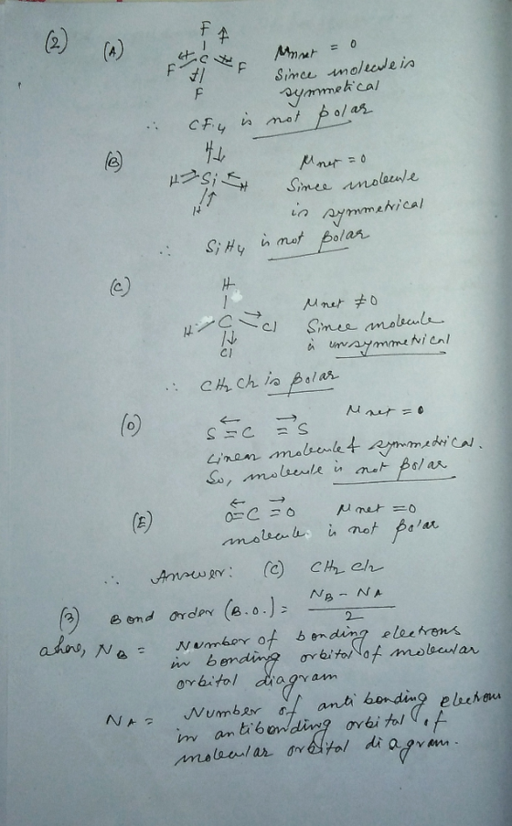 # (a) pete 7 ロニー r Muhonen in deve in Mont = 0 Since molecule is summetical Cfy is not polar F Hasi Mnor =0 Since molecule in