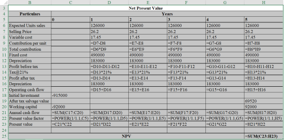11 B C D E F G H Net Present Value 4 Particulars Years 0 1 2 3 4 5 6 Expected Units sales 126000 126000 126000 126000 1 26000