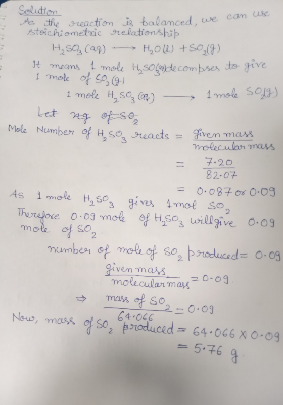 Solution As the reaction is balanced, we can stoichiometric relationship H, SQ3 (29) -> H2O(l) +50,7). It means 1 mole H Sola