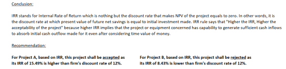 Conclusion: IRR stands for Internal Rate of Return which is nothing but the discount rate that makes NPV of the project equal