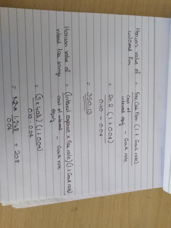 Horizon value colevered firm of = free Cash Flow (I t Growth rate) Cost of - Growth rate onlevered equly 20.2 (1 + 0042 0.10