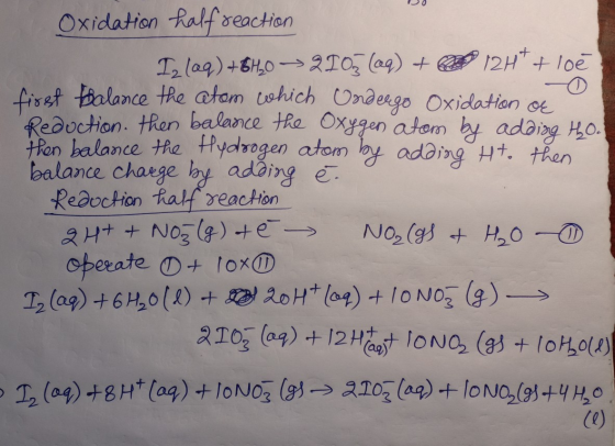 Oxidation Ralfreaction 12H+ 10e I2 lag)+6Ho 2T0 (ag) + firet tealance the atam tehich Ondergo Oxidation oe Reduction. then ba