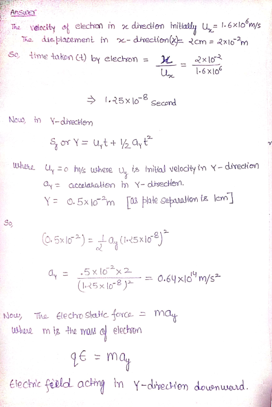 The velocity t elechon in x diveclilen Inil 1.6x10° 1,35×10-8 Second 2 Y-0 h⅓ ushere Uys mital velocity in Y-directon ayaccel