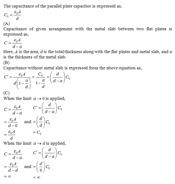 The capacitance of the parallel plate capacitor is expressed as Capacitance of given arrangement with the metal slab between
