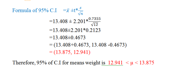 vn V12 Formula of 95% C.I =x Et* =13.408 + 2.201*0.7355 =13.408+2.201*0.2123 =13.408+0.4673 = (13.408+0.4673, 13.408 -0.4673)