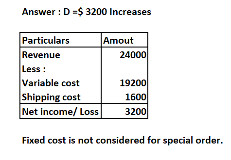 Answer: D =$ 3200 Increases Particulars Amout Revenue 24000 Less : Variable cost 19200 Shipping cost 1600 Net income/ Loss 32