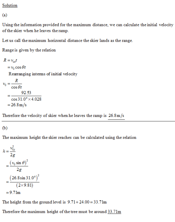 Solution Using the information provided for the maximum distance, we can calculate the initial velocity of the skier when he