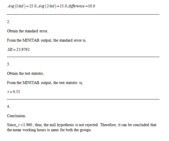 Avg 1kid)-25.0, Avg (2 kid)-15.0,difference -10.0 2. Obtain the standard error From the MINITAB output, the standard error is