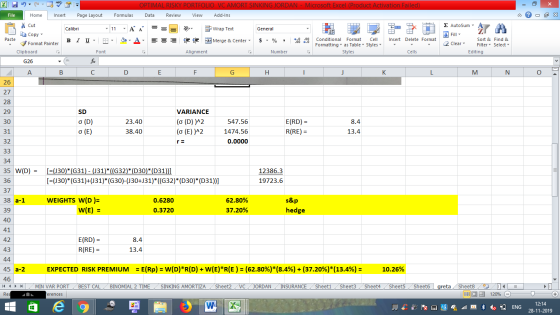 OPTIMAL RISKY PORTFOLIO VC AMORT SINKING JORDAN - Microsoft Excel (Product Activation Failed) File Home Insert Page Layout Fo