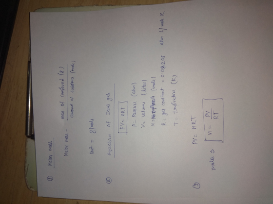 ① Motor wass maw of Comfound (a ) Moloy wass Equation of Idal gs Rega3 coustaut : O.og 205 ahn L/veau RT