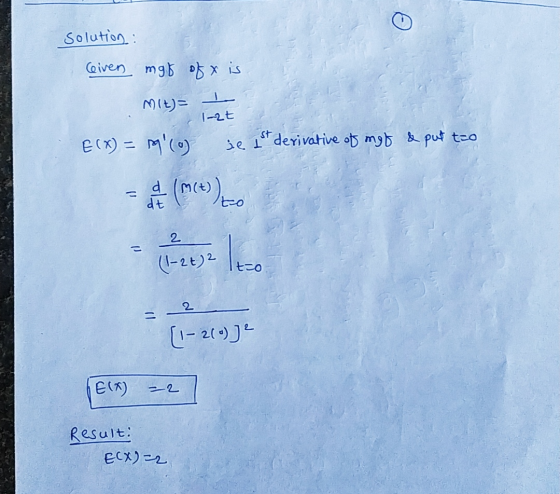 solution: Ceiven mit off is Mit)= 1-t St E(X) = m (O) e It derivative of mit & put to - (m(es) Eco = 2 = (1-25) to 2 = [1-2(0