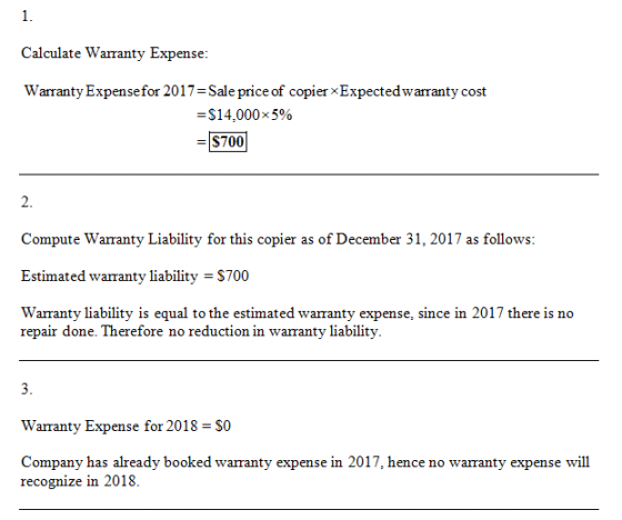 Calculate Warranty Expense: Warranty Expense for 2017=Sale price of copier Expected warranty cost =$14,000x5% = $700 Compute