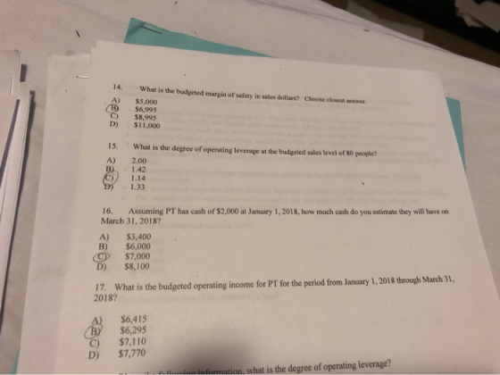 14. What is the budgeted margin of safety in sales dollars? Choose closest answer. A) $5,000 $6,995 $8,995 $11,000 D) 15. Wha