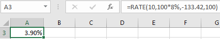 A3 x fc =RATE(10,100*8%,-133.42,100) D E F G B C A 3.90%! 3