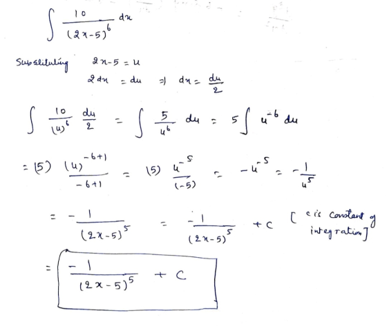 da S 1 - 5 10 6 121-5) subslituling an-5=u 2 du du =) du= du 2 du 2 du 6 S 5 46 11 (6) du sfub S. -6+) = 15) (u) -6+1 I 15 u