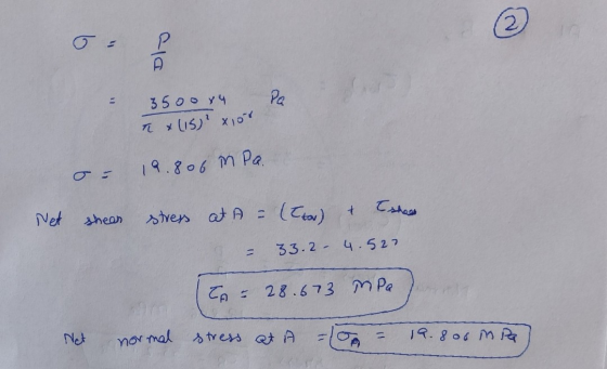 3500x4 Pa & (15)? xor 0 - 19.806 in Pa. Net shear stress at A = ((tor) & Eshers - 33.2 - 4.527 TA - 28.673 MPa Net normal str