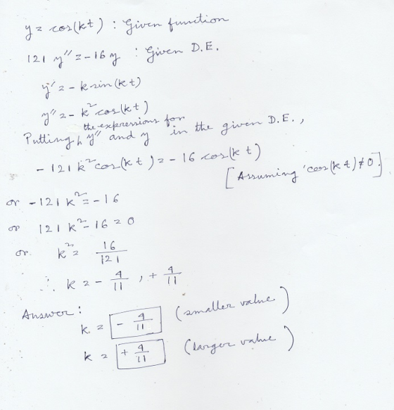 y = cos(kit) : Given function 121 y zolby : Given D.E. z-ksin (kt) y 2-k coulkt) - the expressions for to the Puttingh yr a