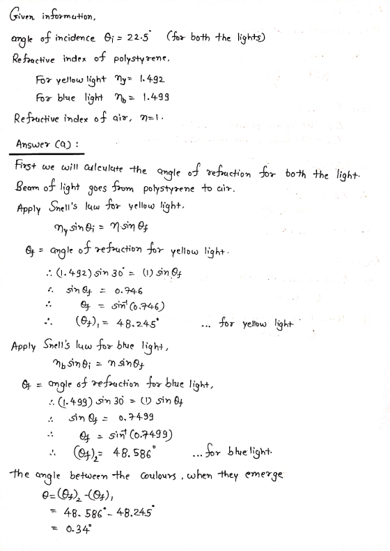 Given information, angle of incidence 0; = 22.5° (for both the lights) Refractive index of polystyrene. For yellow light My =