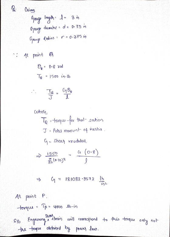 Criven Gange length 1- 3 in d = 0.75 in Gauge diameter Gauge Padius = n = 0.375 in . At point a Op = 0.8 rad To 1500 in-16 Tu