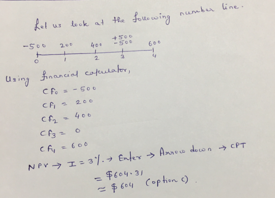 line. Let us look at the following nu number +500 600 į Using Financial calculator, Cfo = - 500 CA = 200 cf = 400 Cf₂= o cfy